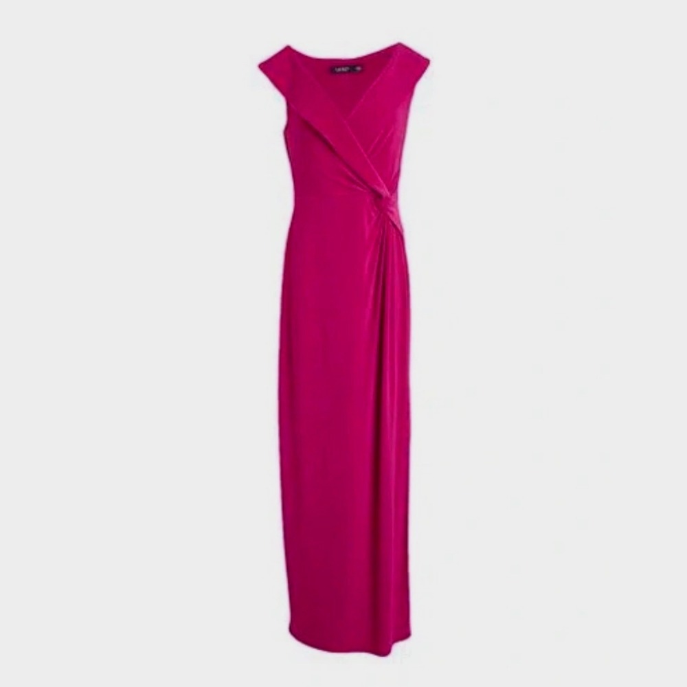 LRL Brahima Gown 10 Fuchsia NWT Jersey Knot Front Slit Surplice Neckline $250+